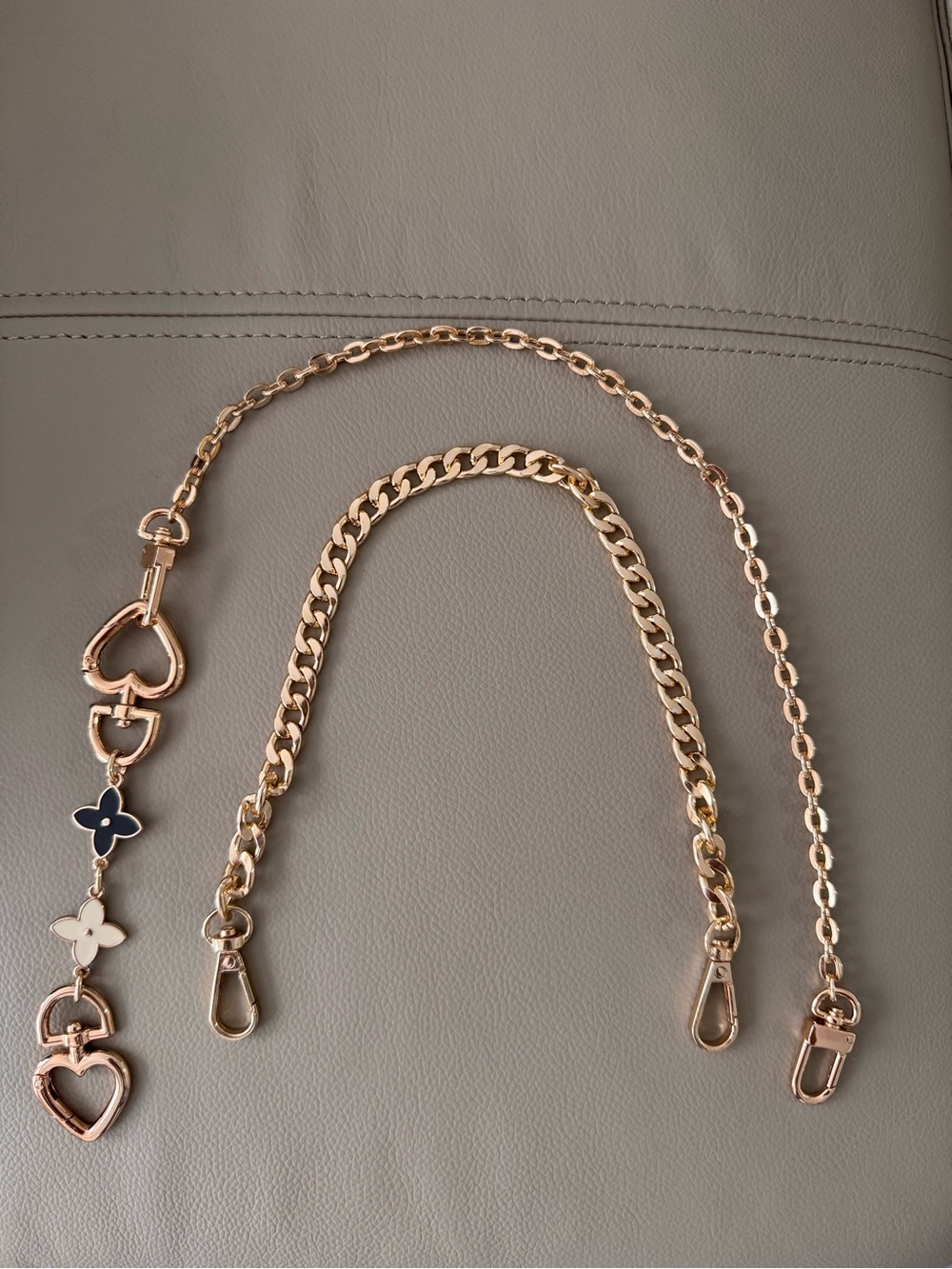 Gold Metal Chain Purse Strap with Heart & Clover Charms